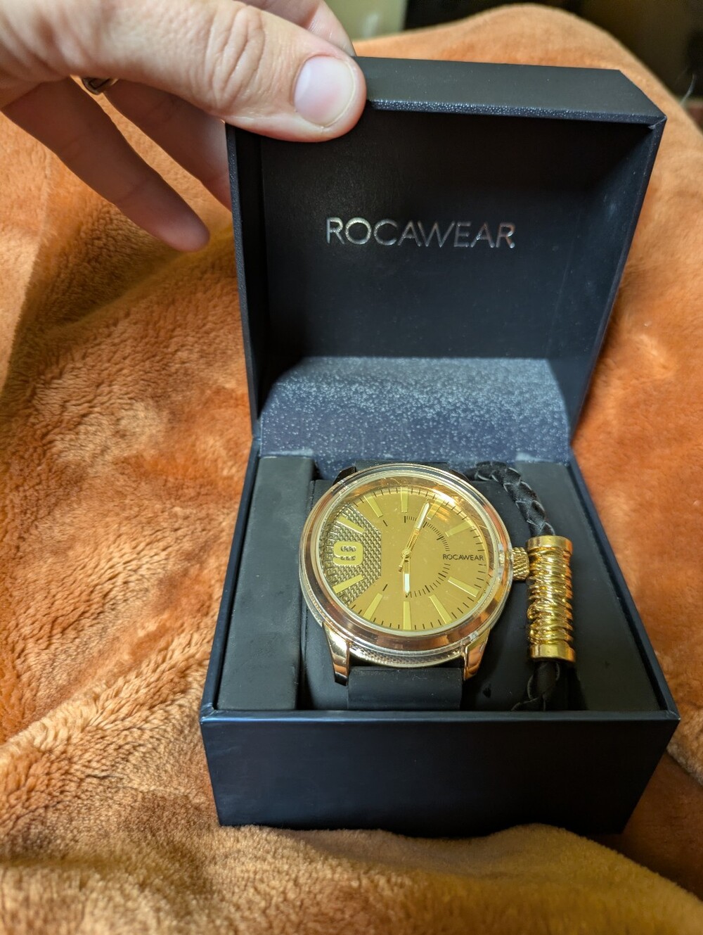 Rocawear Gold-Tone Dial Watch with Black Strap
